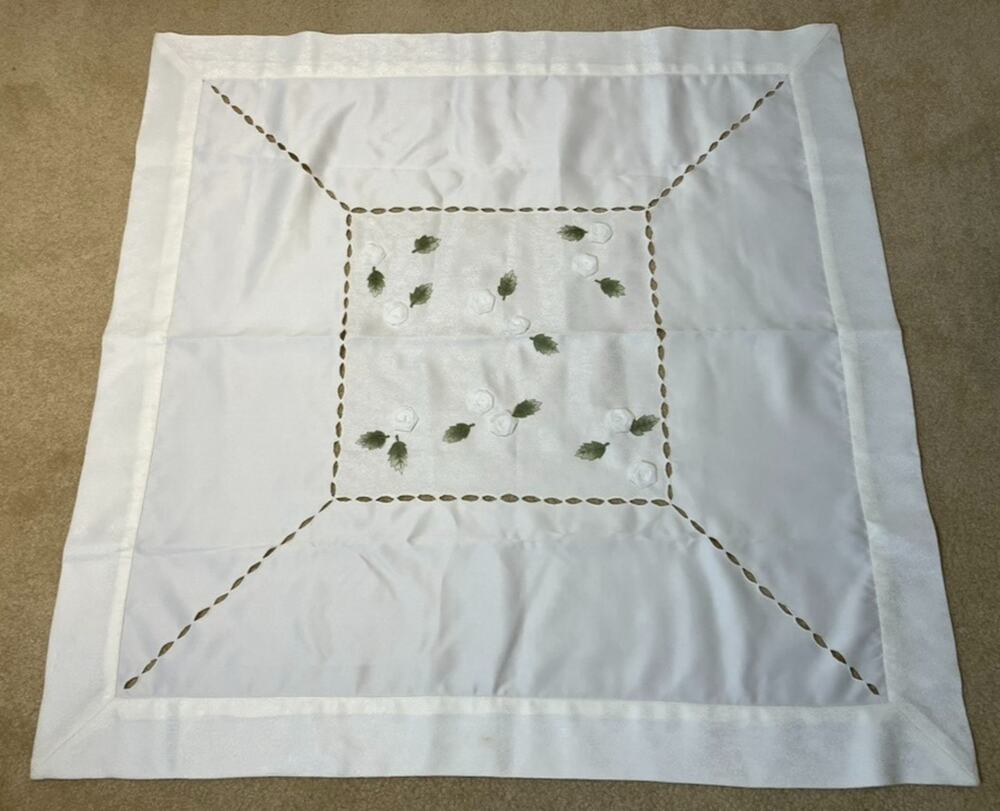 Table Topper White Floral Green Leaf Embellishments Cutwork 39 Inch Square